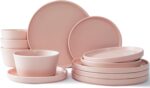 UMINEUX Ceramic Dinnerware Set for 4, 12-Piece Plates and Bowls Set for Kitchen and Dining, Modern Dishes Set, Dishwasher & Microwave Safe, Pink - Image 2