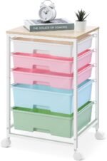 Utility Cart with 5 Drawers,Storage Drawer Cart with Wooden Tabletop and Lockable Wheels,Craft Storage Trolley Cart,5-Tier Rolling Utility Cart on Wheels,Rainbow - Image 2