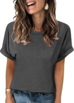 Women's T-Shirts Rolled Short Sleeve Shirts Crewneck Summer Tops Solid Loose Casual Tees Shirts - Image 2