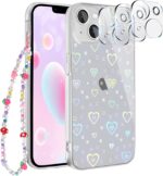 for iPhone 14 Case, [5 in 1] Cute Clear Laser Glitter Heart Case +Lucky Chain+3*Camera Len Protector Soft TPU Shockproof Case for iPhone 14 - Image 2