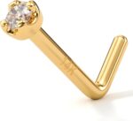14K Solid Gold Nose Ring Studs - 1.5mm (0.015 cttw) Genuine Diamond L Shaped 20 Gauge 1/4" Real Gold Nose Ring Piercing Jewelry - 14 K Gold Nose Stud, Nose Piercings, Gold Nose Studs for Women, Men - Image 2