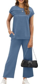 WIHOLL Two Piece Sets for Women Summer Travel Vacation Outfits Cap Sleeve Lounge Matching Sets Wide Leg Pants S-3XL - Image 3