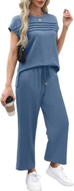 WIHOLL Two Piece Sets for Women Summer Travel Vacation Outfits Cap Sleeve Lounge Matching Sets Wide Leg Pants S-3XL - Image 5