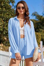 Ekouaer 2 Piece Sets for Women Lounge Sets Button Down Matching Shorts Sets with Pockets Swiss Dot Outfits - Image 4