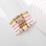 GOOJIDS Simple Beaded Gold Plated Bangles Bracelet Chunky Bamboo Tube Curved Stacking Clear Acrylic Colorful Beads Stretchable Gold Plated Bracelets Set For Women - Image 3
