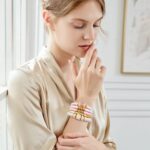 GOOJIDS Simple Beaded Gold Plated Bangles Bracelet Chunky Bamboo Tube Curved Stacking Clear Acrylic Colorful Beads Stretchable Gold Plated Bracelets Set For Women - Image 7