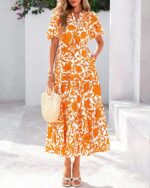 dowerme Womens Summer Dresses 2025 Casual Puff Short Sleeve V Neck Floral Boho Tiered Ruffle Maxi Dress with Pockets - Image 3