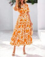 dowerme Womens Summer Dresses 2025 Casual Puff Short Sleeve V Neck Floral Boho Tiered Ruffle Maxi Dress with Pockets - Image 4