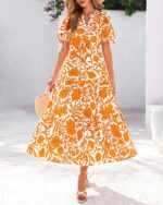 dowerme Womens Summer Dresses 2025 Casual Puff Short Sleeve V Neck Floral Boho Tiered Ruffle Maxi Dress with Pockets - Image 9