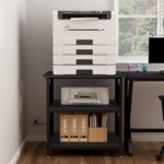 Large Printer Stand with Power Outlet, with Height Adjustable Storage Shelf, 3 Tier Rolling Printer Cart with Industrial Wheels, 23.6 x 23.6 Inches Printer Table for Home Office,Black - Image 9