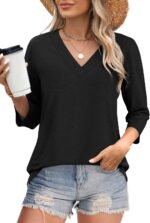 WIHOLL 3/4 Length Sleeve Womens Tops V Neck Casual Tunic Tops Basic Shirts Loose Fit Blouse - Image 3