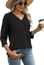 WIHOLL 3/4 Length Sleeve Womens Tops V Neck Casual Tunic Tops Basic Shirts Loose Fit Blouse - Image 4