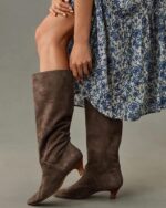 Coutgo Womens Knee High Boots Wide Calf Kitten Heel Pointed Toe Long Boots Pull On Winter Dress Shoes - Image 3