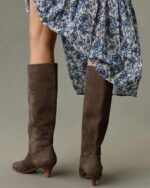 Coutgo Womens Knee High Boots Wide Calf Kitten Heel Pointed Toe Long Boots Pull On Winter Dress Shoes - Image 5