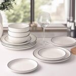 Plates and Bowls Sets for 4,12 Pieces Ceramic Dish set, White Dinnerware Set for Kitchen, Modern Design Plate Sets with Black Rim, Microwave and Dishwasher Safe - Image 7