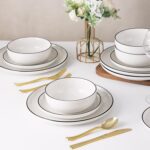 Plates and Bowls Sets for 4,12 Pieces Ceramic Dish set, White Dinnerware Set for Kitchen, Modern Design Plate Sets with Black Rim, Microwave and Dishwasher Safe - Image 8