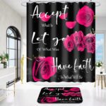 4 Pcs Red Rose Shower Curtain Sets Non-Slip Rugs Bath Mat Toilet Cover U Shaped Mat Thankful Grateful Blessed Black Red Shower Curtain with 12 Hooks Bathroom Set - Image 3