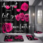 4 Pcs Red Rose Shower Curtain Sets Non-Slip Rugs Bath Mat Toilet Cover U Shaped Mat Thankful Grateful Blessed Black Red Shower Curtain with 12 Hooks Bathroom Set - Image 4