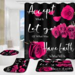 4 Pcs Red Rose Shower Curtain Sets Non-Slip Rugs Bath Mat Toilet Cover U Shaped Mat Thankful Grateful Blessed Black Red Shower Curtain with 12 Hooks Bathroom Set - Image 5