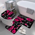 4 Pcs Red Rose Shower Curtain Sets Non-Slip Rugs Bath Mat Toilet Cover U Shaped Mat Thankful Grateful Blessed Black Red Shower Curtain with 12 Hooks Bathroom Set - Image 6