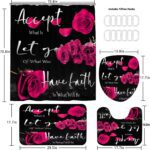 4 Pcs Red Rose Shower Curtain Sets Non-Slip Rugs Bath Mat Toilet Cover U Shaped Mat Thankful Grateful Blessed Black Red Shower Curtain with 12 Hooks Bathroom Set - Image 7
