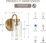 Wall Sconces Set of 2, Gold Bathroom Light Fixtures, Modern Wall Mounted Light Fixtures with Clear Glass Shade and E26 Bulb Base for Hallway Farmhouse Bedroom Living Room - Image 3