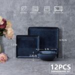 E-far Square Plates and Bowls Sets, 12-Piece Stoneware Dinnerware Sets for 4, Reactive Glaze Dish Set, Chip and Scratch Resistant, Microwave and Dishwasher Safe, Deep Sea Blue - Image 3