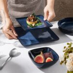 E-far Square Plates and Bowls Sets, 12-Piece Stoneware Dinnerware Sets for 4, Reactive Glaze Dish Set, Chip and Scratch Resistant, Microwave and Dishwasher Safe, Deep Sea Blue - Image 4