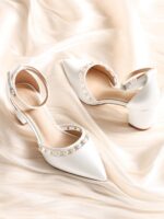 Coutgo Womens Pearl Chunky Heels Wedding Shoes for Bride Closed Pointed Toe Ankle Strap Satin Pumps - Image 3