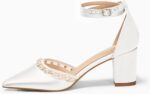 Coutgo Womens Pearl Chunky Heels Wedding Shoes for Bride Closed Pointed Toe Ankle Strap Satin Pumps - Image 5