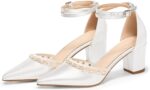 Coutgo Womens Pearl Chunky Heels Wedding Shoes for Bride Closed Pointed Toe Ankle Strap Satin Pumps - Image 7