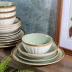 Gibson Elite Mayfair Bay 16-Piece Embossed Double Bowl Dinnerware Set, Service for 4 – Green Stoneware Plates and Bowls - Image 7