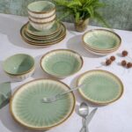 Gibson Elite Mayfair Bay 16-Piece Embossed Double Bowl Dinnerware Set, Service for 4 – Green Stoneware Plates and Bowls - Image 8