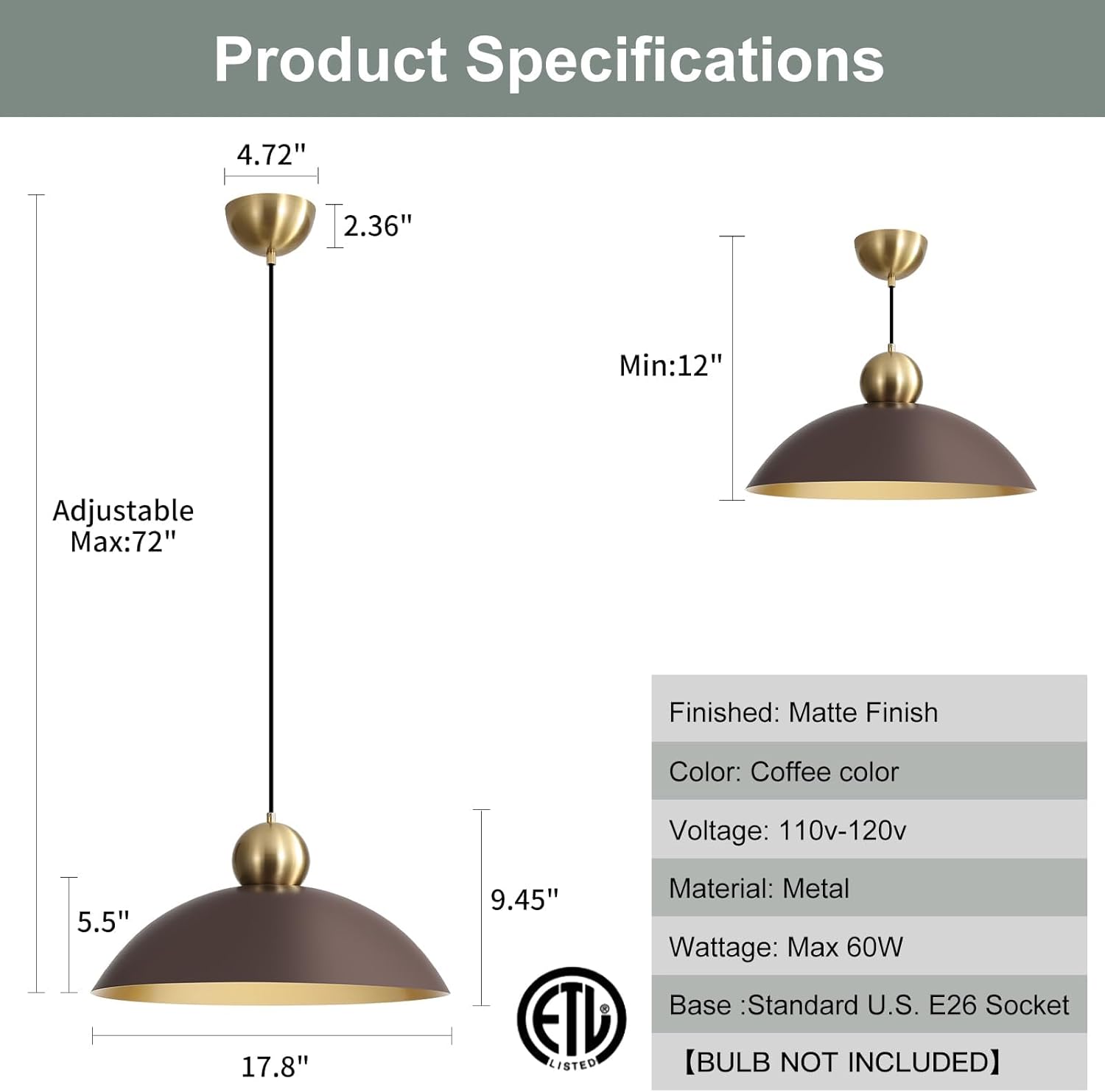18 Inch Large Pendant Lights Kitchen Island Farmhouse Pendant Light with Adjustable Brown Dome Hanging Light Fixtures for Over Sink Dining Room Bedroom Hallway, ETL Listed - Image 8