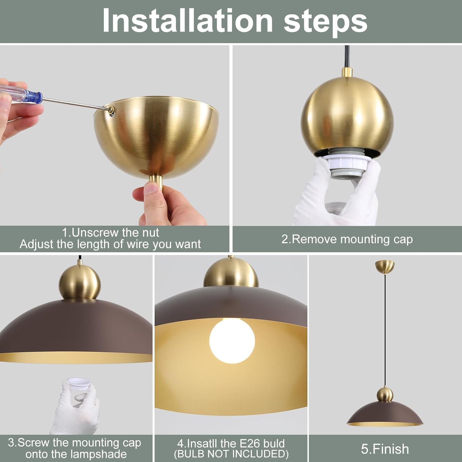 18 Inch Large Pendant Lights Kitchen Island Farmhouse Pendant Light with Adjustable Brown Dome Hanging Light Fixtures for Over Sink Dining Room Bedroom Hallway, ETL Listed - Image 9