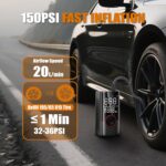 Tire Inflator, Cordless Tire Air Compressor with LED & 150PSI Digital Pressure Gauge, Portable Inflator for Car, Motorcycle, Bike & Sports Equipment, Black - Image 3