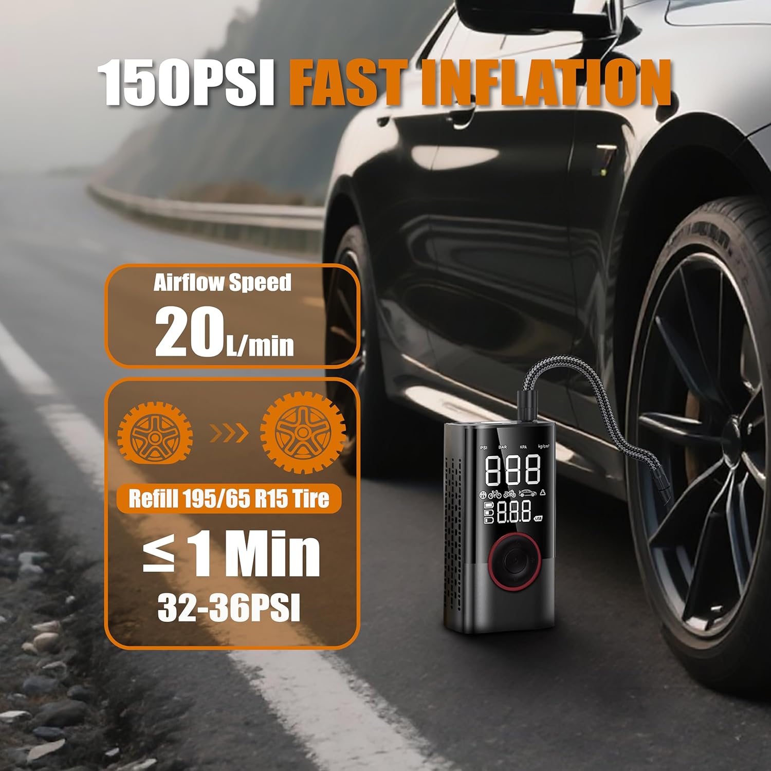 Tire Inflator, Cordless Tire Air Compressor with LED & 150PSI Digital Pressure Gauge, Portable Inflator for Car, Motorcycle, Bike & Sports Equipment, Black - Image 3