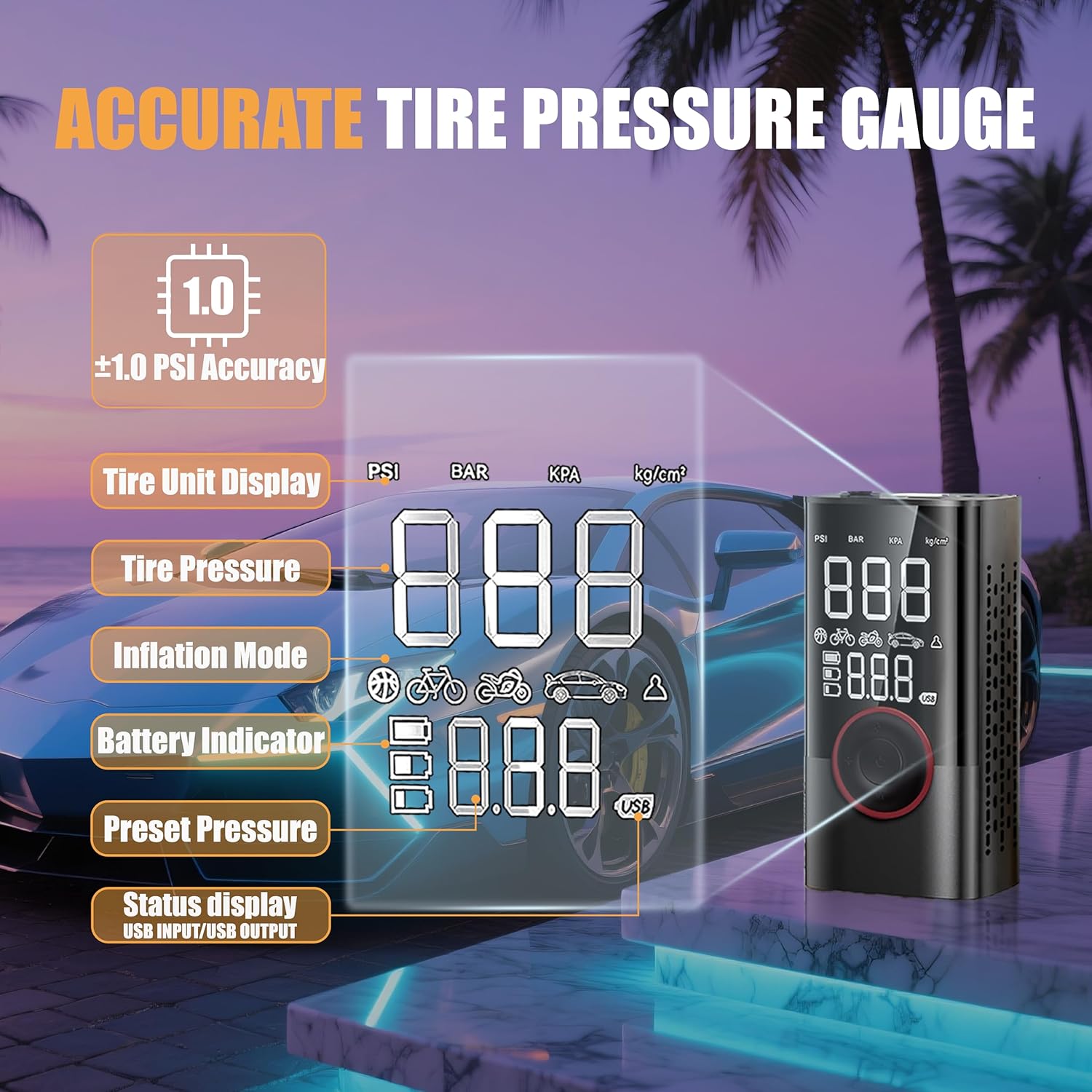 Tire Inflator, Cordless Tire Air Compressor with LED & 150PSI Digital Pressure Gauge, Portable Inflator for Car, Motorcycle, Bike & Sports Equipment, Black - Image 4