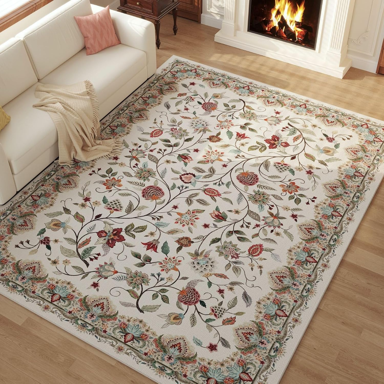 Rugcomf Vintage Paisley Rugs for Living Room 8'x10' - Machine Washable Area Rug, Non-Slip Low Pile Large Floral Carpet for Bedroom, Dining Room, Farmhouse, Office, Kids Playroom - Beige - Image 4