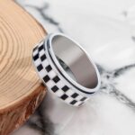 Checkered Fidget Ring for Men - 8mm 18K Gold Plated Stainless Steel Anxiety Spinner Jewelry for Adults, Modern Black and White Checkerboard Roating Ring for Stress Relief Gift for Men Women - Image 6