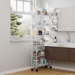 6 Tier Slim Rolling Storage Cart with Wheels, Metal Mobile Shelving Unit Organizer Utility Cart for Office Bathroom Kitchen Laundry Room Narrow Places (White 6 Inches) - Image 9
