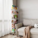 6 Tier Slim Rolling Storage Cart with Wheels, Metal Mobile Shelving Unit Organizer Utility Cart for Office Bathroom Kitchen Laundry Room Narrow Places (White 6 Inches) - Image 10