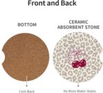 Absorbent Car Coasters for Cup Holders, 2 Pack Universal Anti Slip Ceramic Cup Coaster for Women Men 2.56 Inch Car Interior Accessories - Bow Tie Cherry Leopard 008 - Image 3