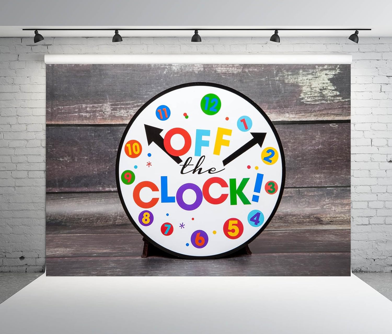 BELECO 5x4ft Fabric Off The Clock Backdrop Colorful Clock on Rustic Wooden Wall Background for Party Decoration Photo Booth Banner Studio Props Wallpaper - Image 4