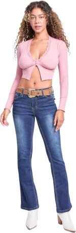 YMI Women's Mid Rise Bootcut Brown Belted Jeans - Image 8