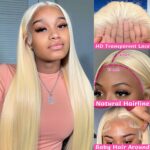 GZX 34 Inch 613 13x4 HD Transparent Lace Front Wig Human Hair 180% Density Straight Blonde Lace Front Wigs Pre Plucked with Baby Hair Blonde Glueless Wigs Human Hair - Image 4