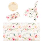 Baby Receiving Blanket Swaddle Blanket Infant Wrap with Matching Headband Beanie and Name Card (Ink Red Floral) - Image 3