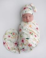 Baby Receiving Blanket Swaddle Blanket Infant Wrap with Matching Headband Beanie and Name Card (Ink Red Floral) - Image 8