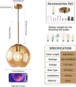 Amber Glass Pendant Lights Kitchen Island Lighting Globe Pendant Light Fixtures Modern Pendant Lighting for Kitchen Island Bedroom Living Dining Room Light Fixture(7.9in, 2-Pack) - Image 3