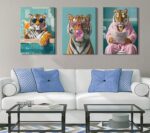 3Pcs Funny Tiger Bathroom Canvas Wall Art Trendy Preppy Tiger Bathroom Wall Decor Prints Fashion Sunglasses Animal Toilet Paintings Pictures for Washroom Toilet Home Decoration 16x24in Framed - Image 5
